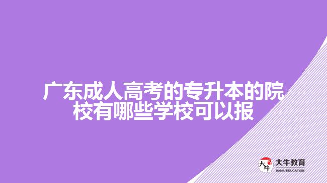 廣東成人高考的專升本的院校有哪些學(xué)?？梢詧? /></div>
<p>　　3、師資力量和教學(xué)資源</p>
<p>　　一個好的學(xué)校應(yīng)該有優(yōu)秀的師資力量和教學(xué)資源，教學(xué)老師應(yīng)該懂得與學(xué)生進行良好的互動，無論是線上還是線下都要讓學(xué)生在學(xué)習(xí)上有收獲。</p>
<p>　　4、學(xué)校的教育輔導(dǎo)和服務(wù)</p>
<p>　　學(xué)校的教育輔導(dǎo)和服務(wù)是成人高考專升本學(xué)習(xí)中的重要環(huán)節(jié)，優(yōu)質(zhì)的學(xué)校應(yīng)該有完善的教師服務(wù)支持機制，幫助學(xué)生進行專業(yè)規(guī)劃，并提供課程的后期輔導(dǎo)服務(wù)。</p>
<p>　　5、形式和費用</p>
<p>　　不同的學(xué)校對于成人高考專升本學(xué)習(xí)的形式和學(xué)費有所不同，學(xué)生可以按照自己的時間和財力考慮選擇適合自己的方式。雖然價格和形式也是一個重要因素，但不應(yīng)該作為選擇學(xué)校的決策標準。</p>
<p>　　最終，選擇適合自己的學(xué)校并非簡單，要想得到好的教育資源，找到一所適合的成人高考專升本學(xué)校往往需要一定的時間和精力。但只要掌握上述技巧，相信可以針對自己的情況，做出最好的選擇。更多成考學(xué)校相關(guān)的資訊可以咨詢大牛教育成考網(wǎng)在線老師了解。</p>
                        ?<div   id=